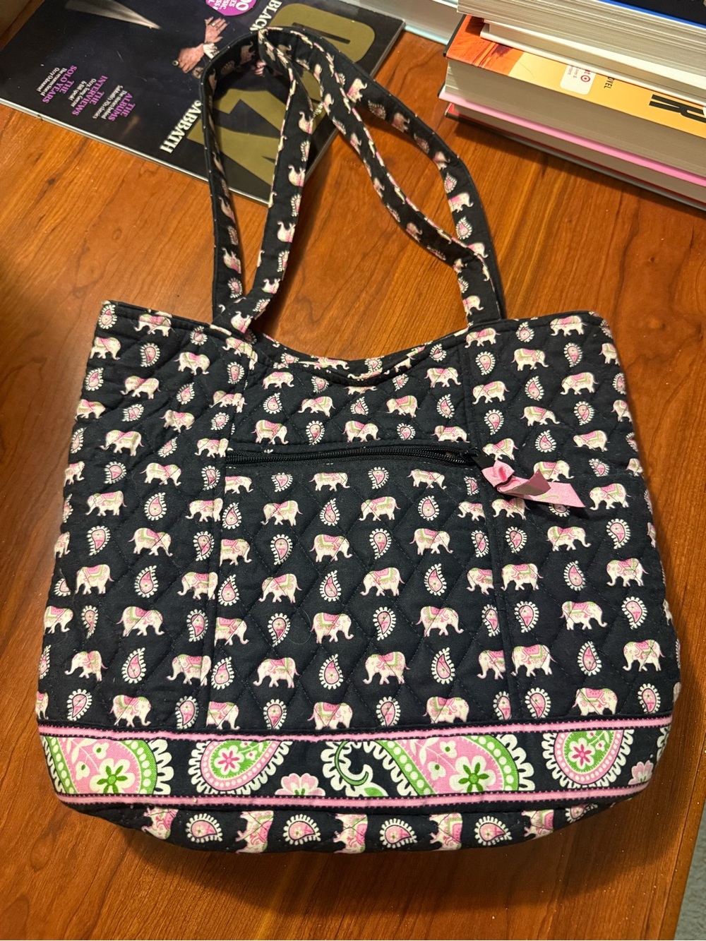 Vera Bradley Black Tote with Pink Elephant & Paisley Print